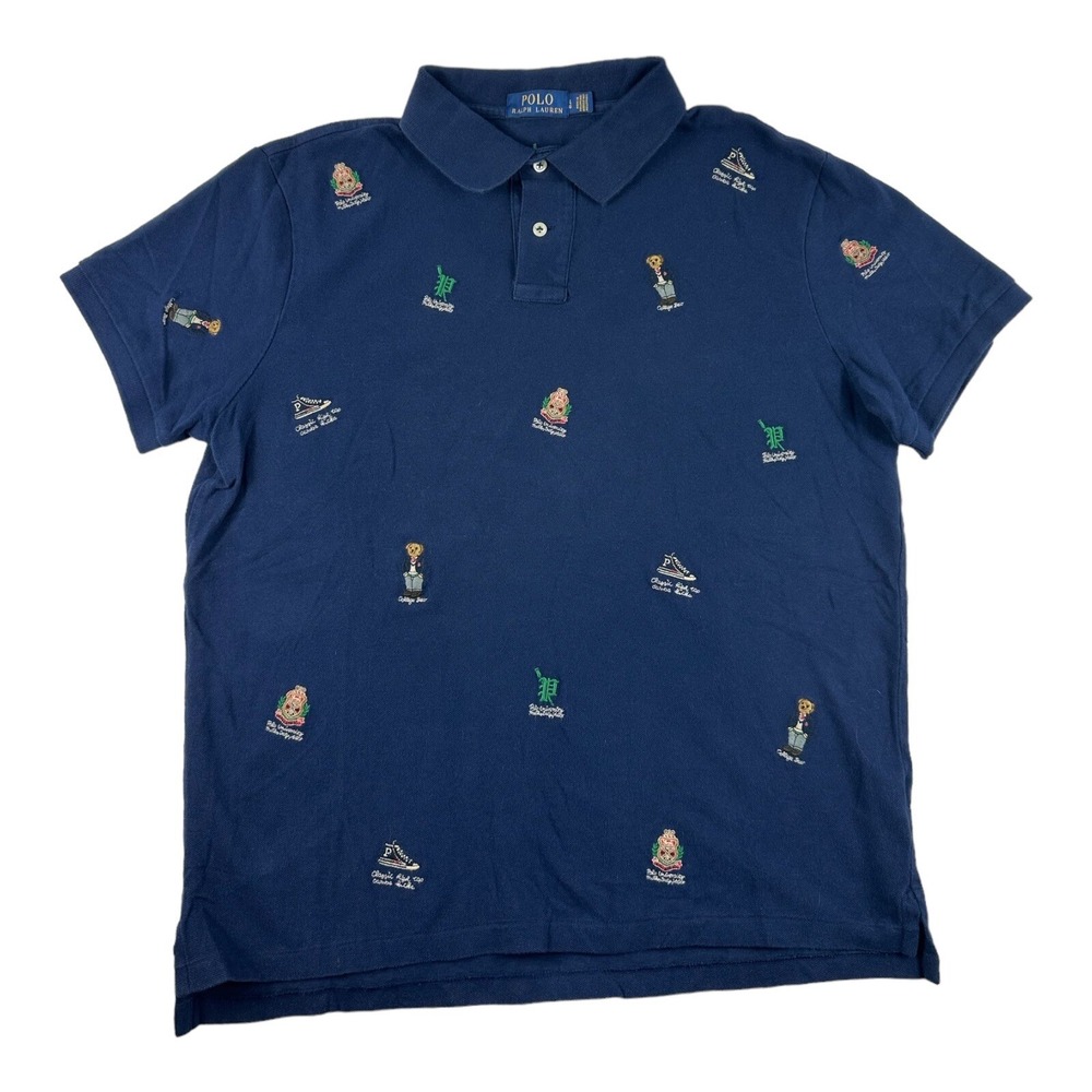 Polo Ralph Lauren Mens Blue All Over Embroidered Polo Bear Crest Shirt Size L